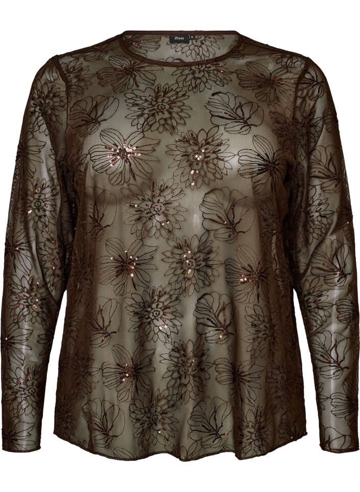 Blouse en mesh avec fleurs et sequins, Marron, Packshot image number 0