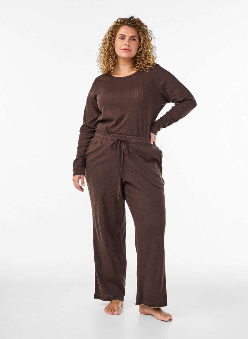 Haut de pyjama en coton biologique avec broderie ajour&eacute;e, Marron, Model image number 1