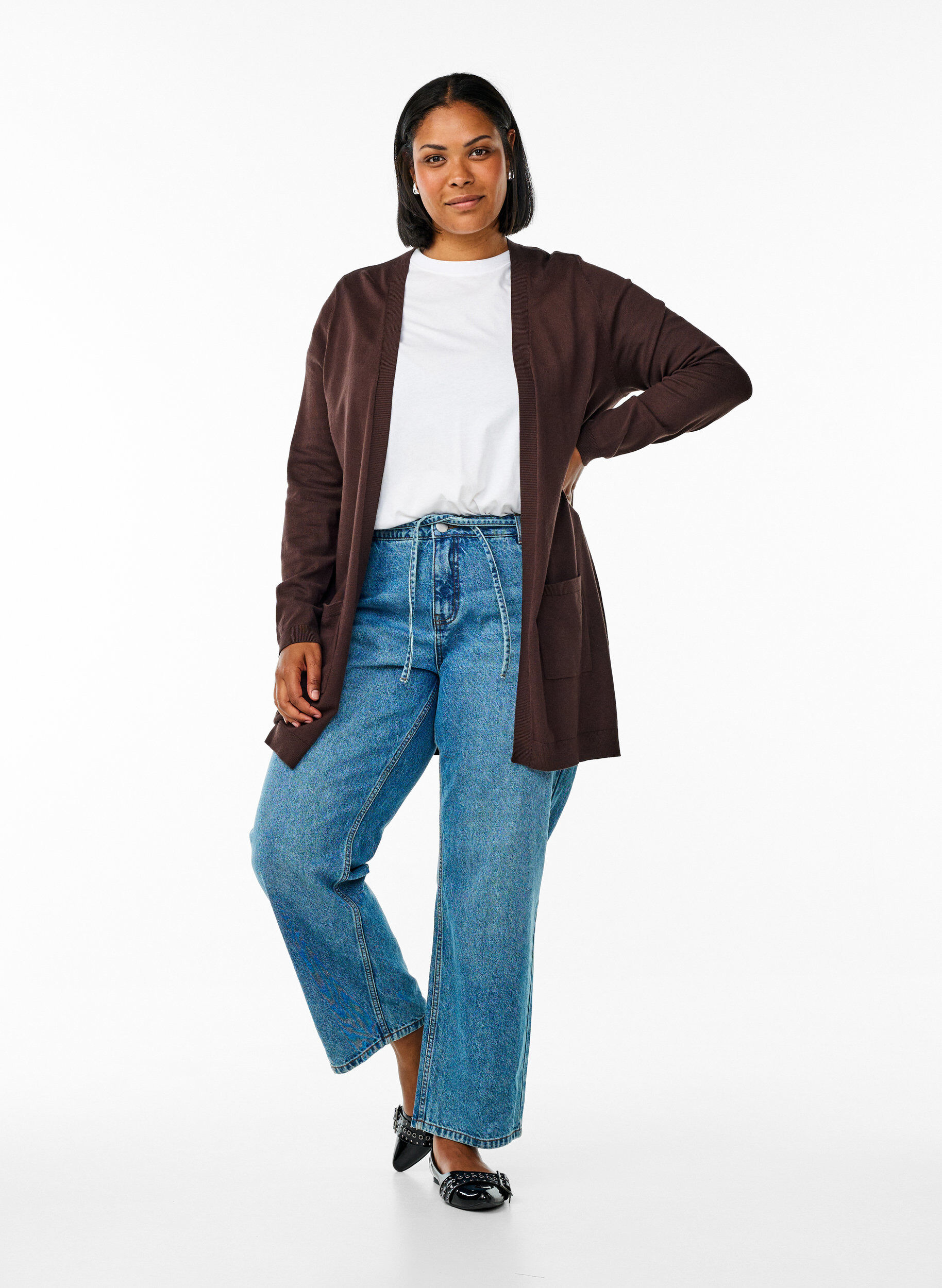ZizziLong cardigan tricot&eacute; en m&eacute;lange de viscose, Marron, Model image number 1