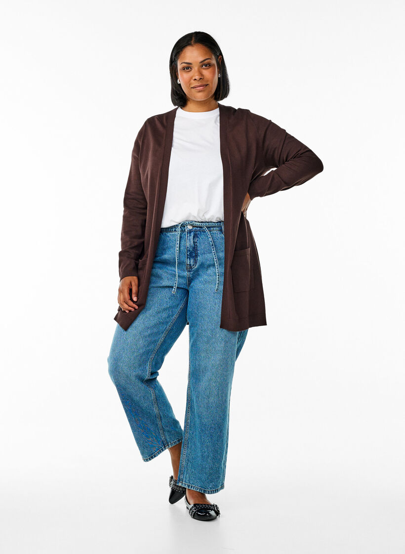 Long cardigan tricot&eacute; en m&eacute;lange de viscose, Marron, Model image number 1
