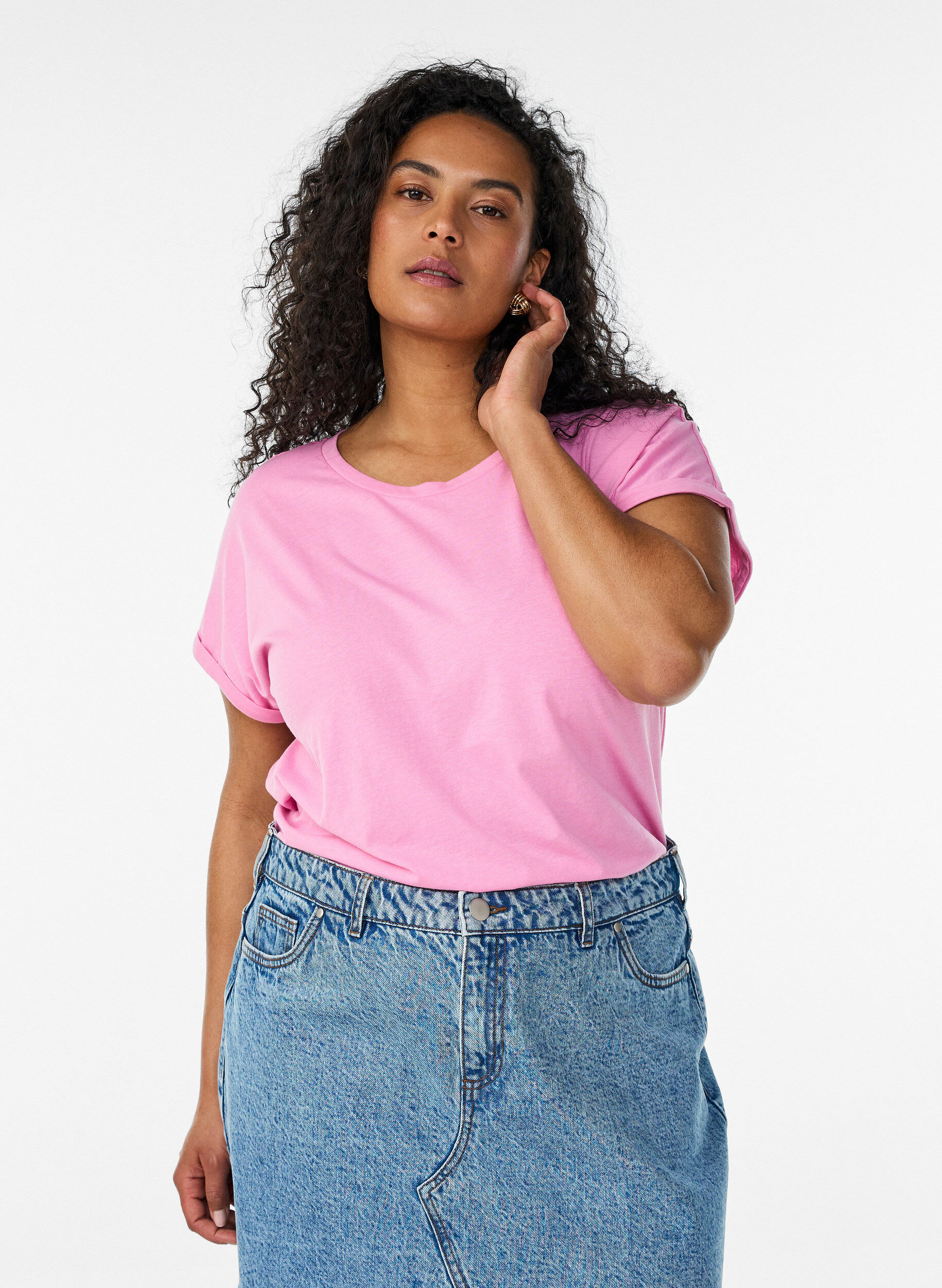 T-shirt &agrave; manches courtes en coton m&eacute;lang&eacute;, Rose, Model