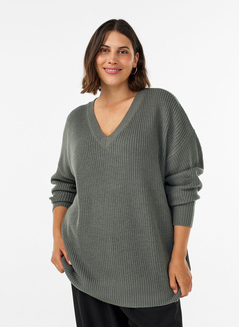 Blouse longue en maille c&ocirc;tel&eacute;e avec col en V, Vert fonc&eacute;, Model image number 0