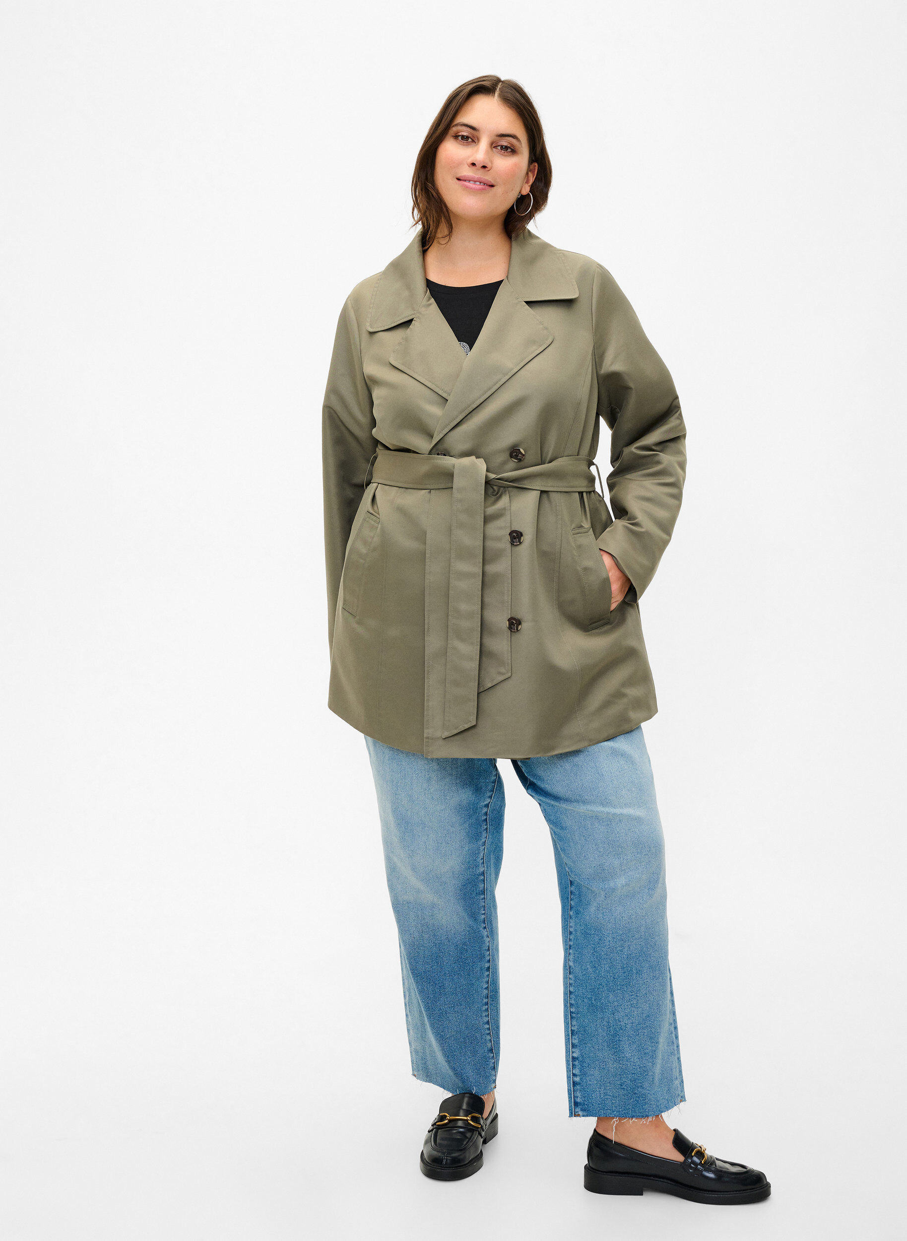 Zizzi Trench court avec ceinture, Vert Kaki, Model image number 1