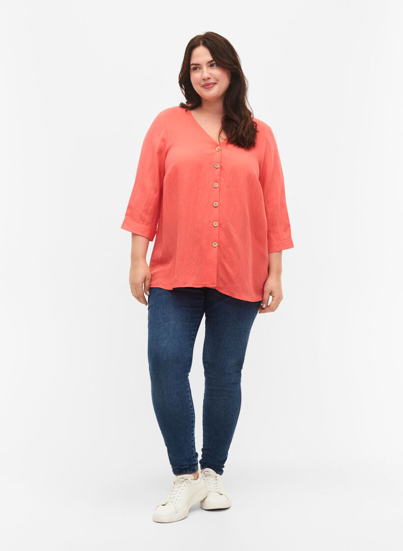 Blouse en viscose avec boutons et col en V, Deep Sea Coral, Model image number 2