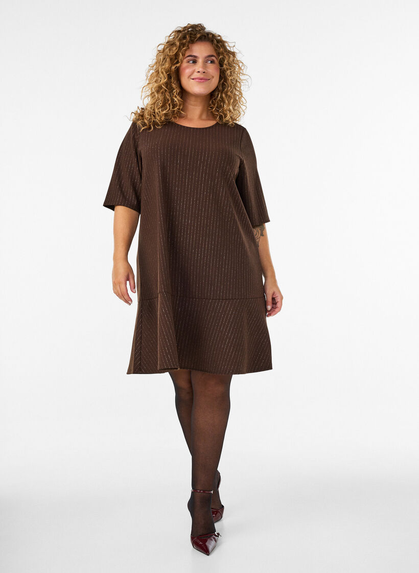 Robe courte coupe &eacute;vas&eacute;e avec des rayures paillet&eacute;es, Marron, Model image number 1