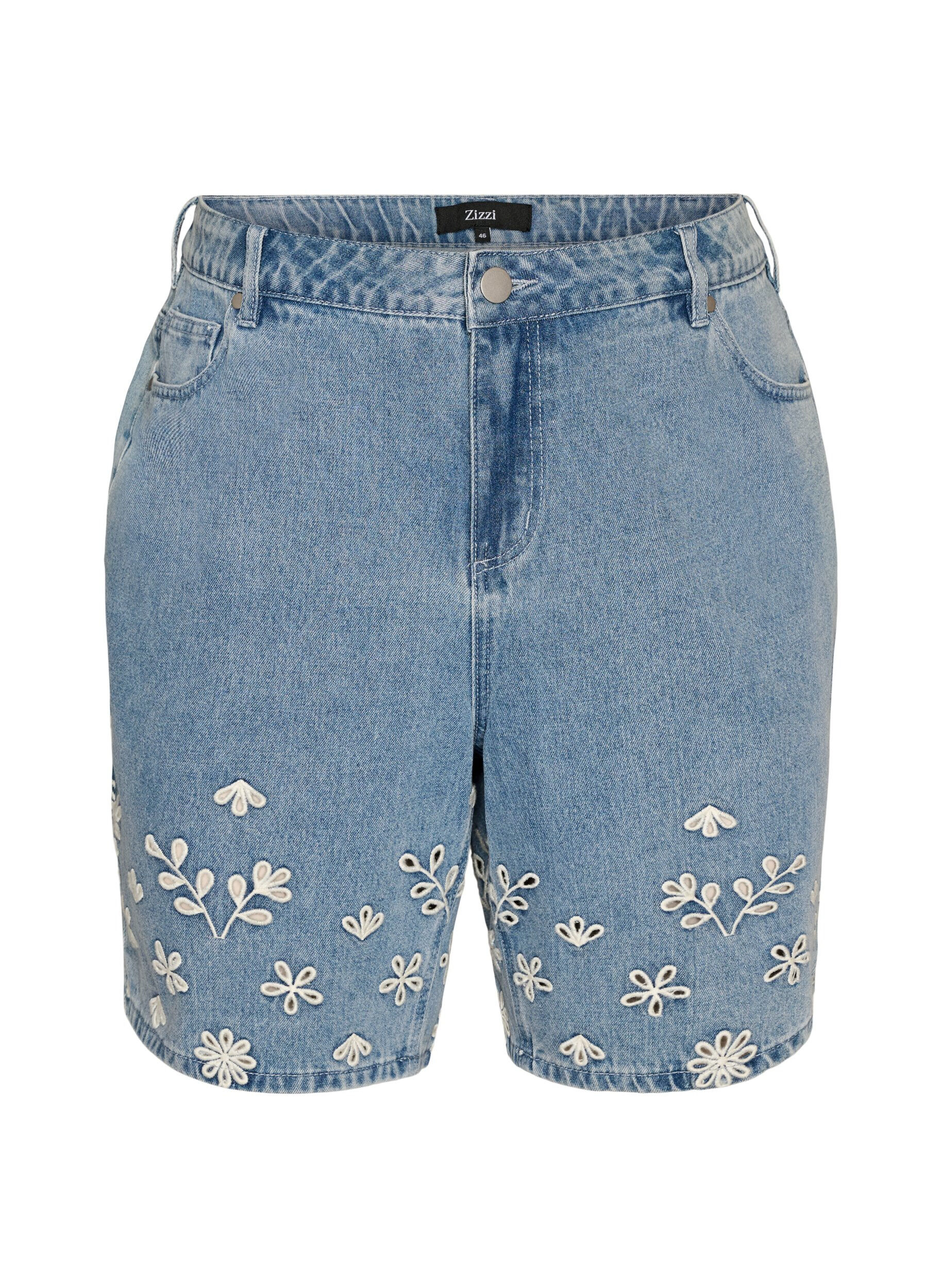 Short en jean taille haute avec broderie anglaise