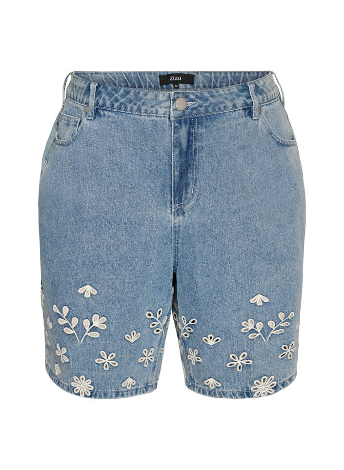 Short en jean taille haute avec broderie anglaise, Bleu Clair, Packshot image number 0