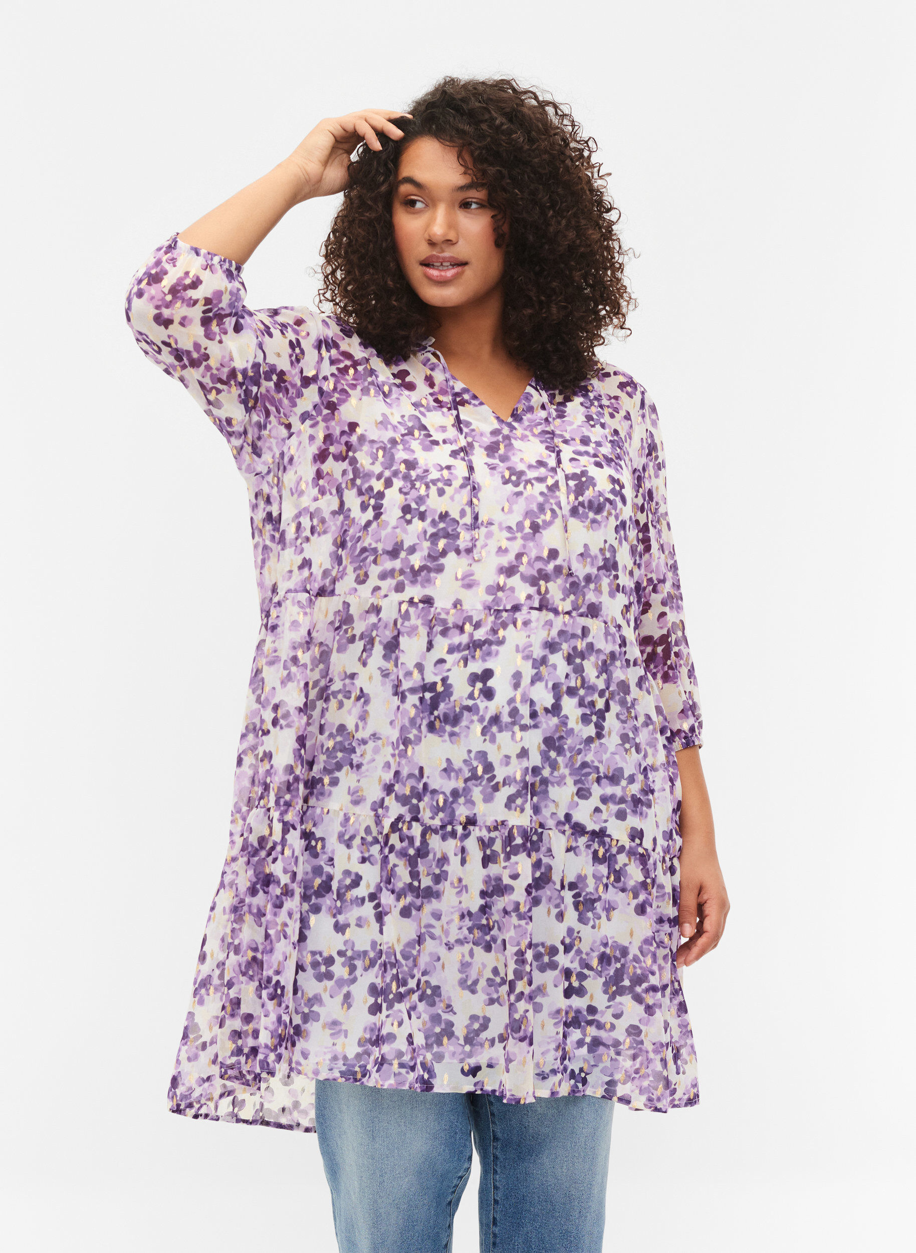 Zizzi Tunique &agrave; imprim&eacute; floral et lurex, Beige/Purple Flower, Model image number 0