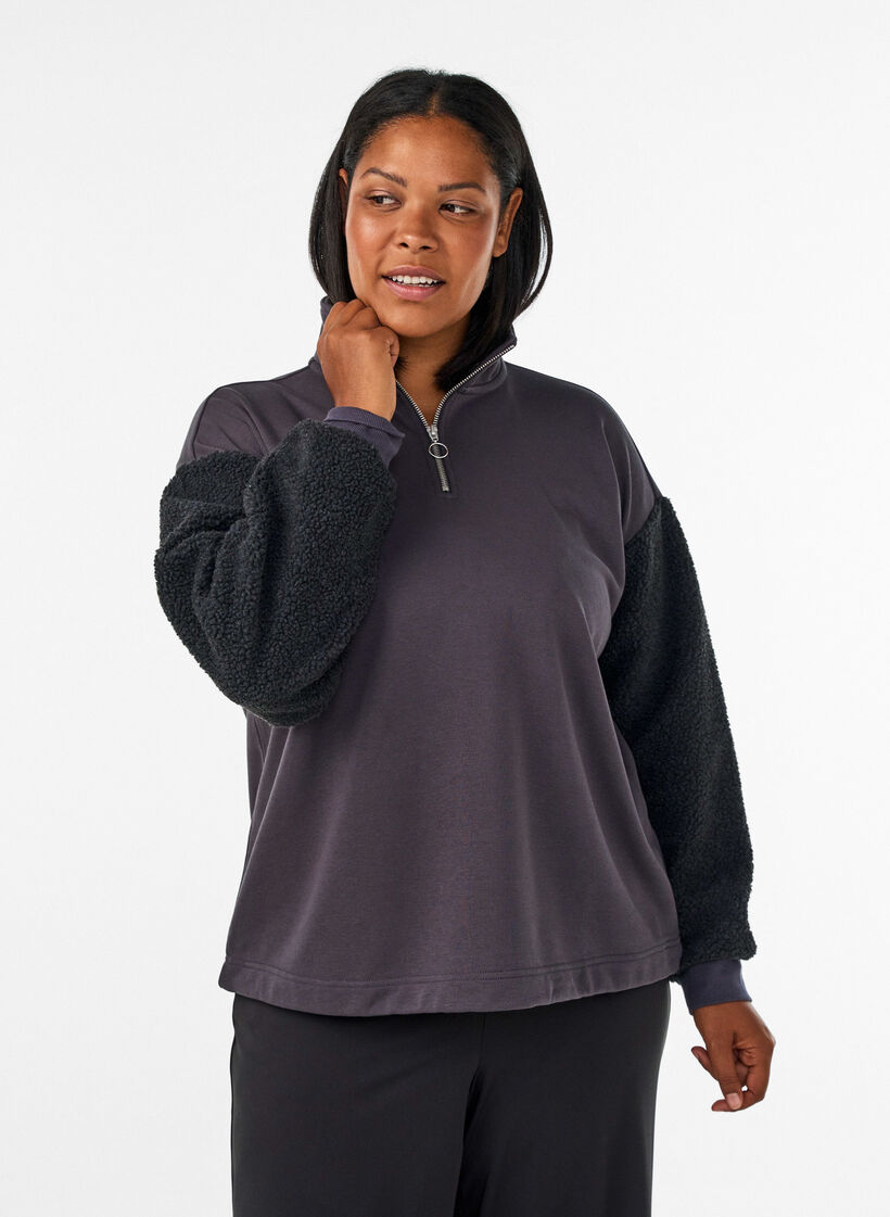 Sweatshirt avec manches en mati&egrave;re teddy et col montant, Gris anthracite, Model image number 0