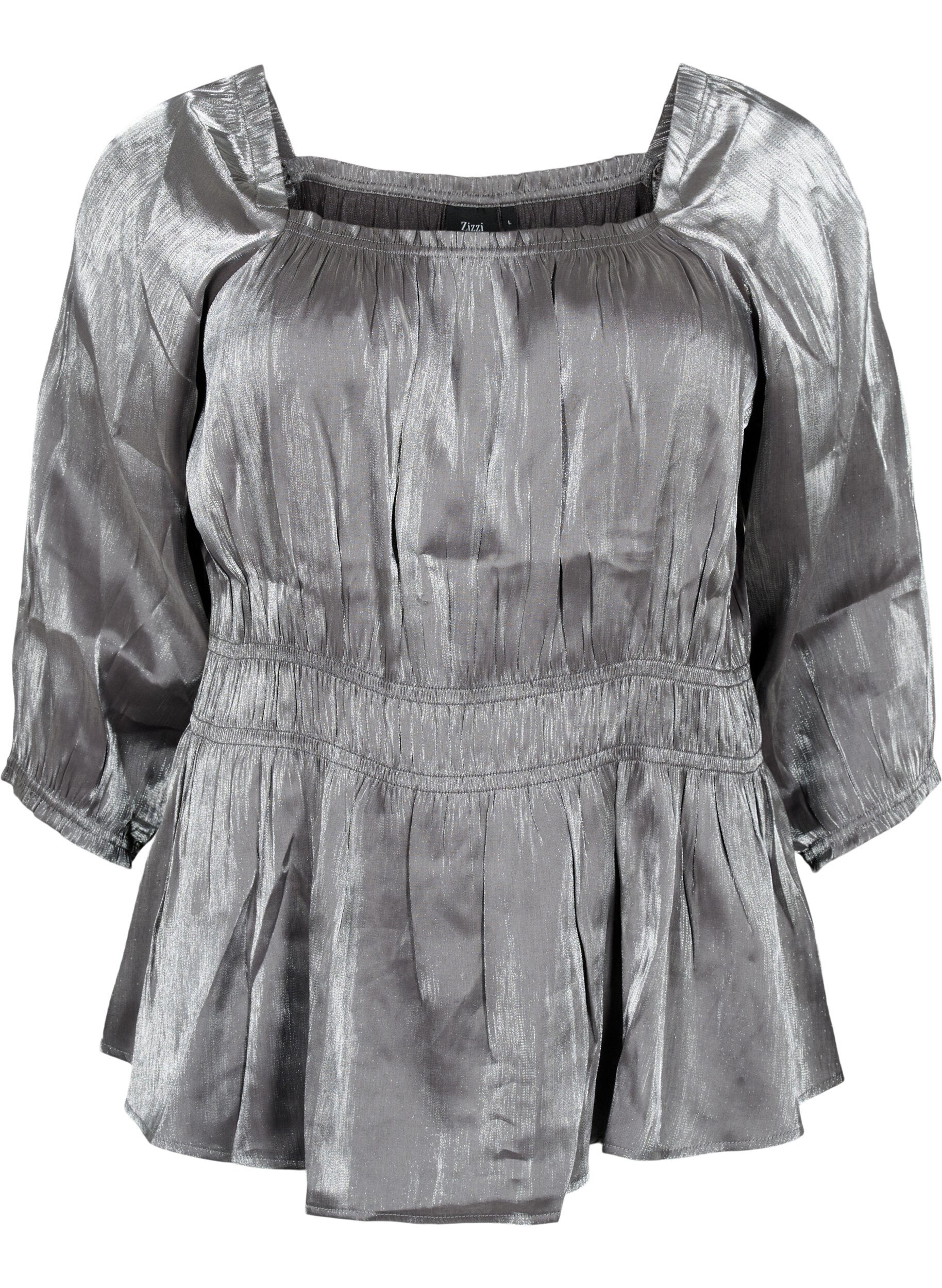 Zizzi Blouse de couleur argent&eacute;e avec manches 3/4 et smocks, Dark Silver, Packshot image number 0