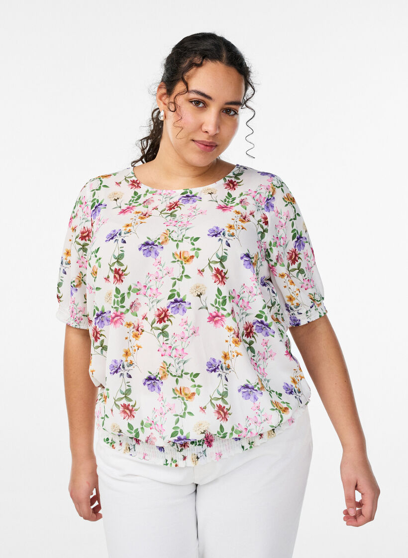 Blouse &agrave; fleurs avec smock, Rose, Model image number 0