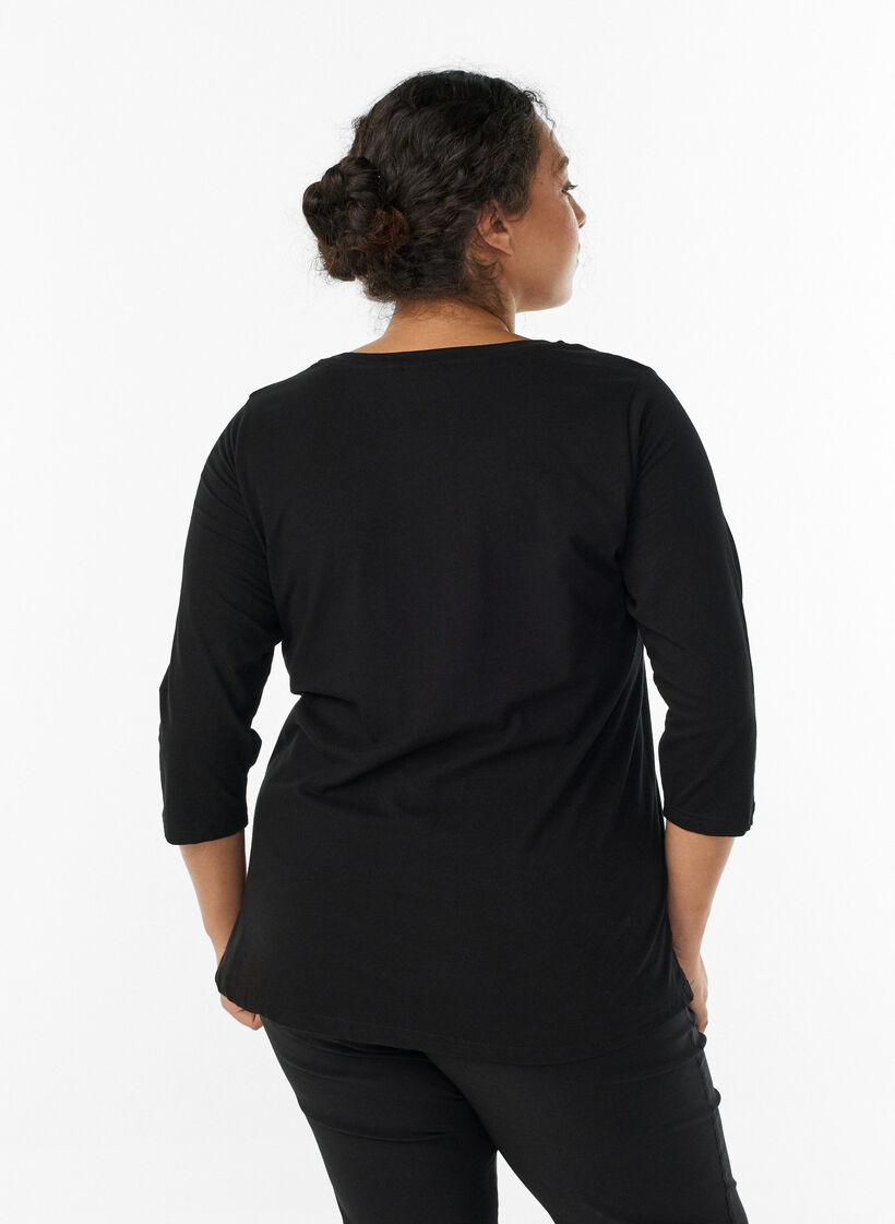 T-shirt en coton de base &agrave; manches 3/4, Noir, Model image number 2