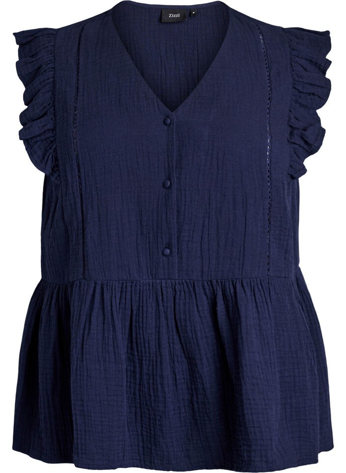 Blouse sans manches en mousseline de coton avec volants, Bleu, Packshot image number 0