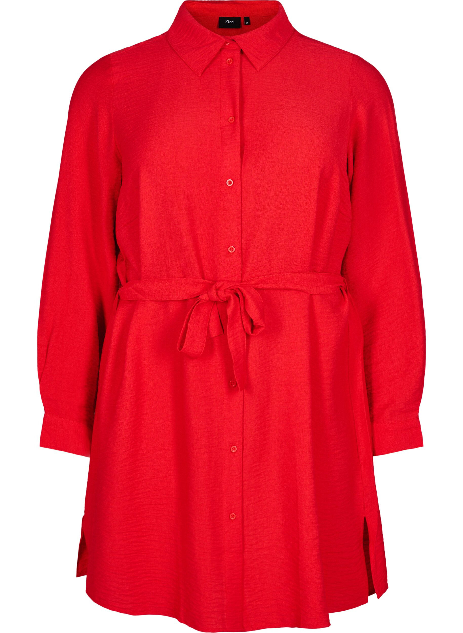 Zizzi Robe chemise avec ceinture nou&eacute;e et manches longues, Rouge, Packshot image number 0
