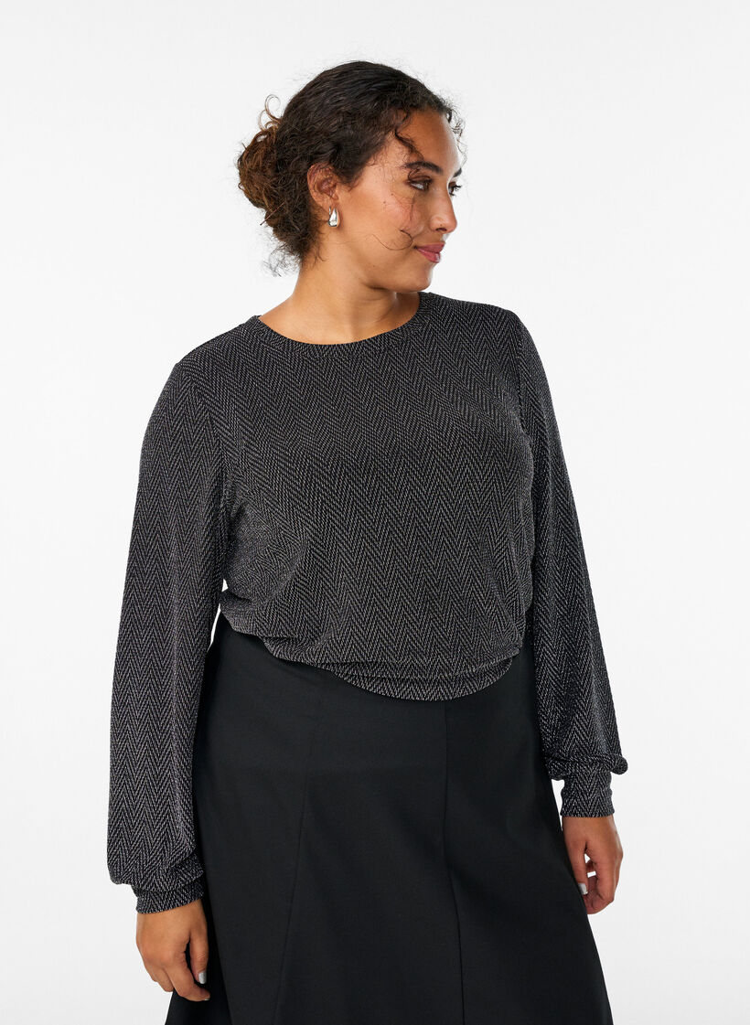 Blouse avec motif &agrave; chevrons et fil paillet&eacute;, Noir, Model image number 0