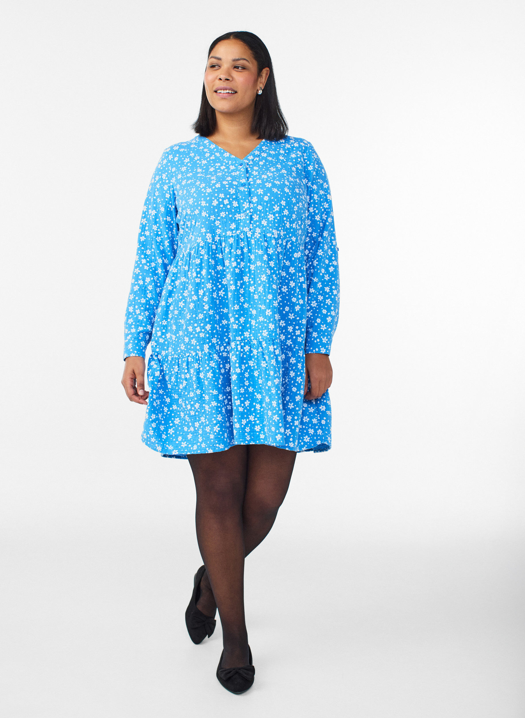Zizzi Robe courte en mousseline de coton &agrave; motif, Bleu, Model image number 1
