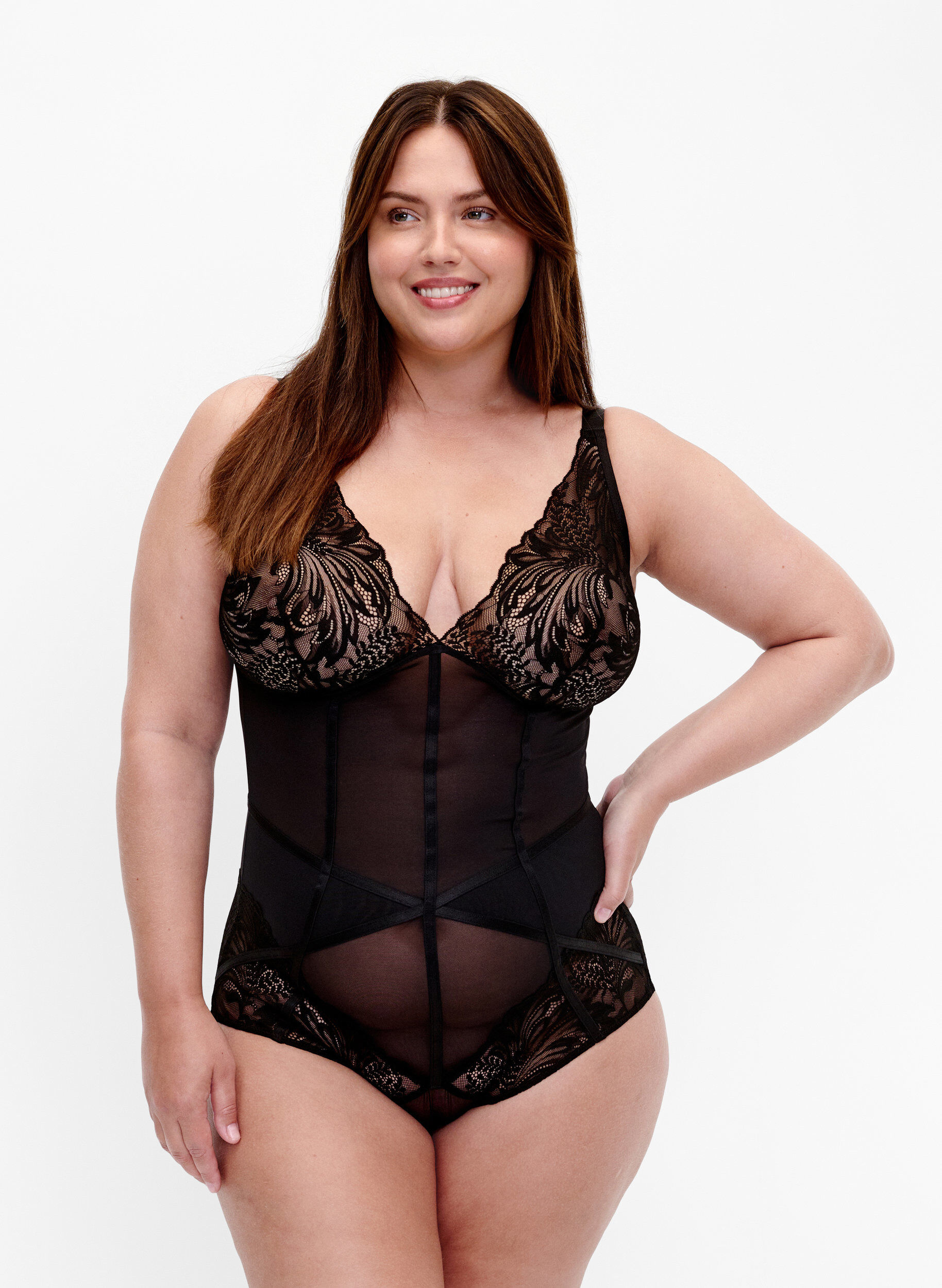 Zizzi Gaine de corps en maille et dentelle, Black, Model image number 0
