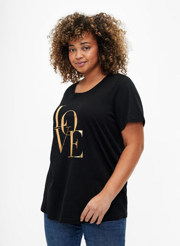 T-shirt en coton avec texte doré, Black w. Gold Love, Model image number 0