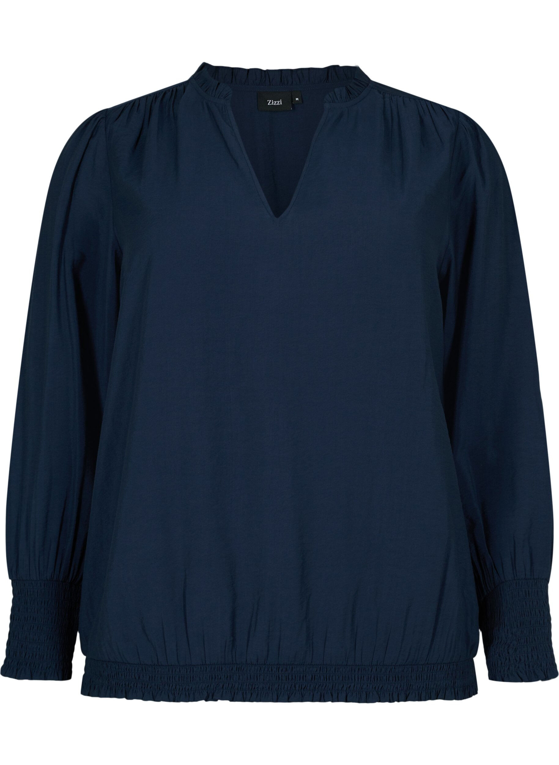 Zizzi Blouse en viscose &agrave; manches longues et &agrave; smocks, Navy Blazer, Packshot image number 0