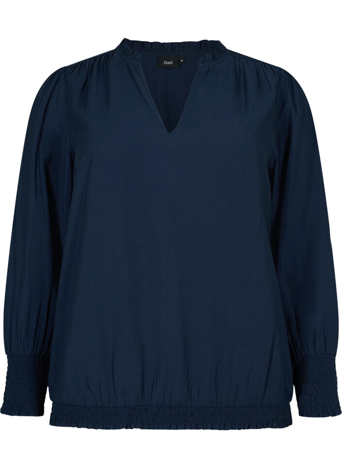 Blouse en viscose à manches longues et à smocks, Navy Blazer, Packshot image number 0