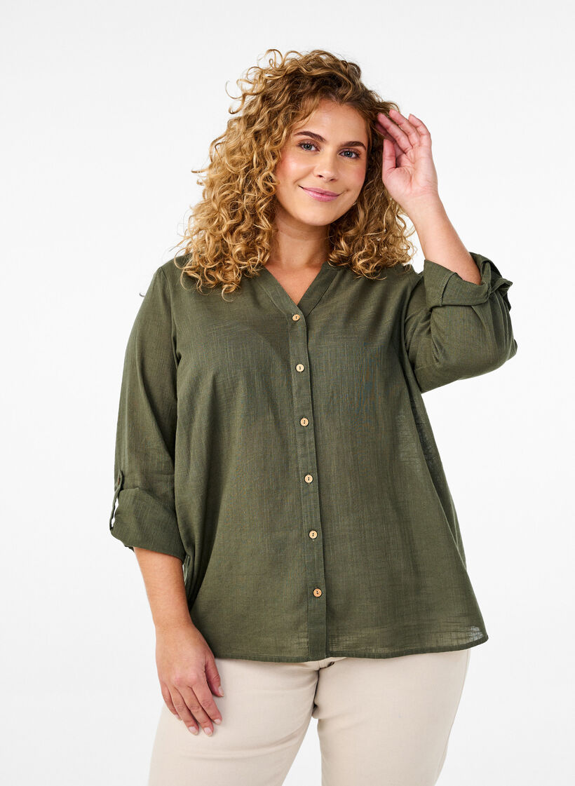Chemisier en coton avec un col en V, Vert, Model image number 0