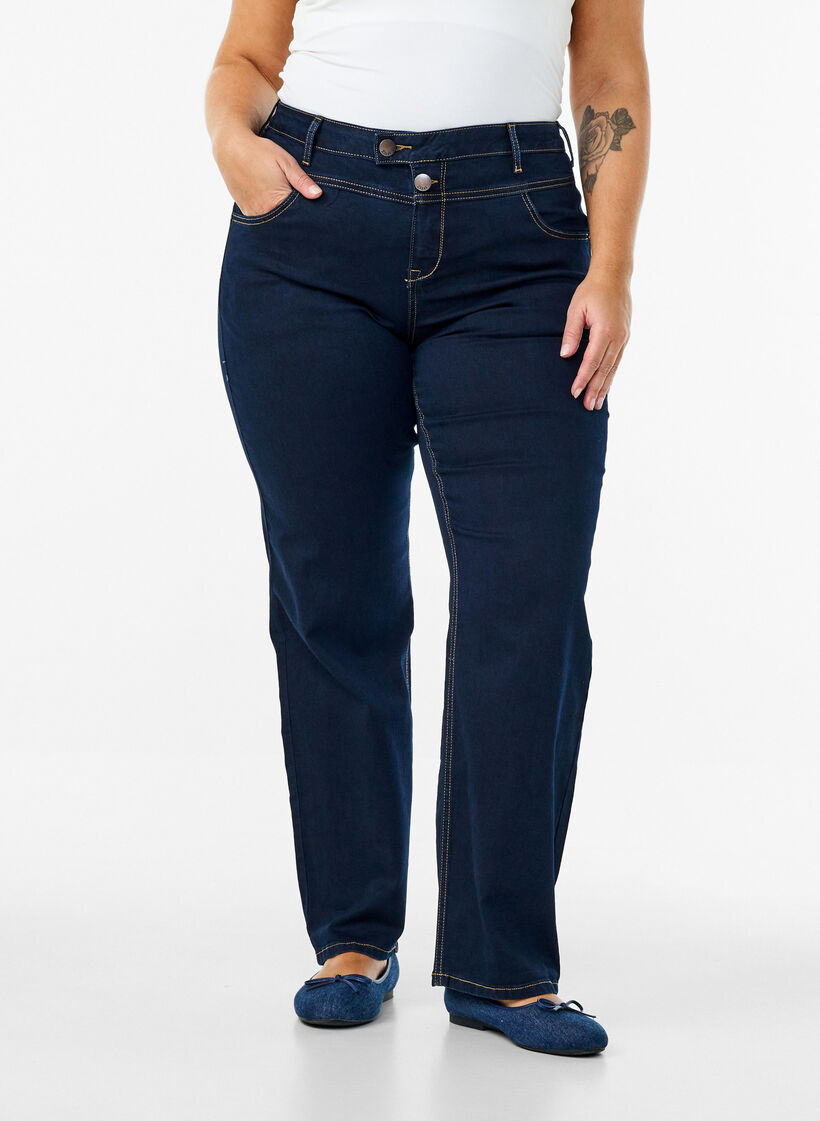 Jeans Gemma taille haute coupe droite, Bleu, Model image number 2