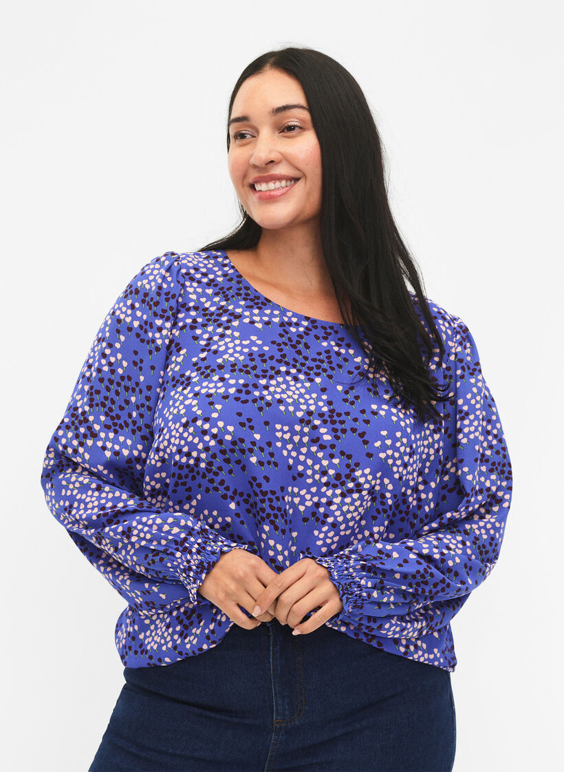 FLASH - Blouse à manches longues avec imprimé et smock, Dazzling Blue AOP, Model image number 0