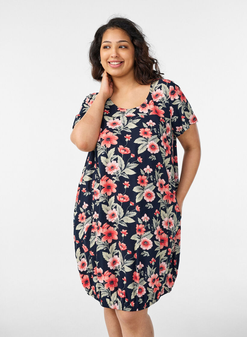 Robe en coton &agrave; manches courtes avec imprim&eacute;, Bleu, Model image number 0