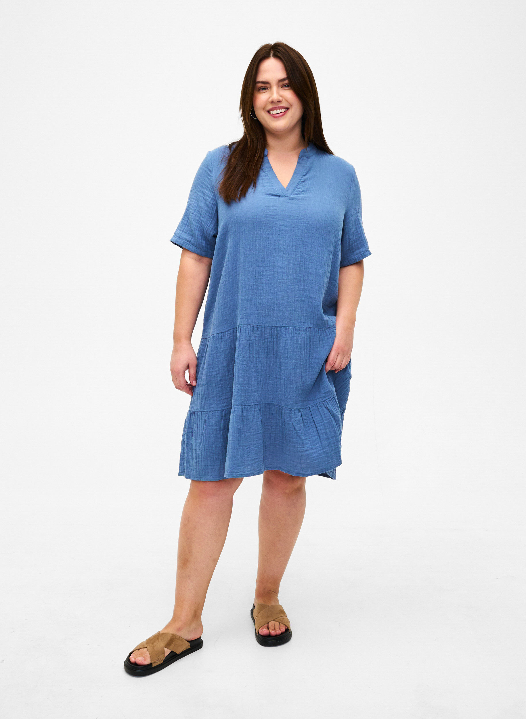 Zizzi Robe &agrave; manches courtes en coton 100 %, Moonlight Blue, Model image number 2