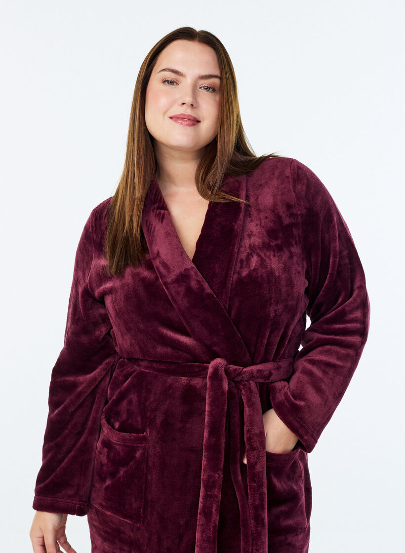 Peignoir en velours doux avec poches, Bordeaux fonc&eacute;, Model image number 2