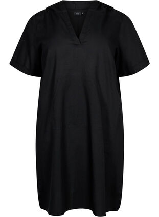 Robe à capuche en coton mélangé et lin, Black, Packshot image number 0