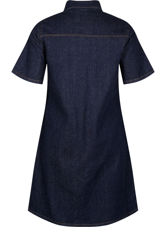 Robe en denim avec manches courtes et poches de poitrine, Dark Blue Denim, Packshot image number 1