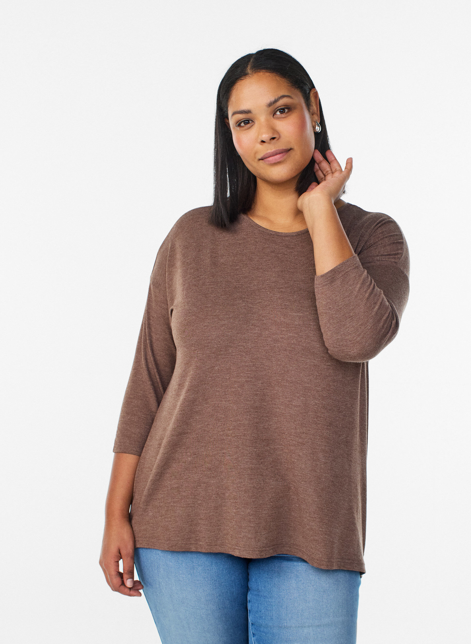 Blouse en jersey avec manches 3/4, Marron, Model