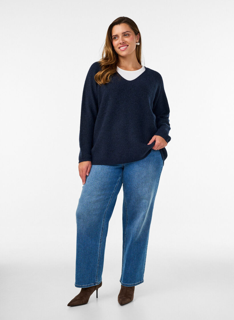 Blouse en maille avec col en V et manches raglan, Bleu, Model image number 1