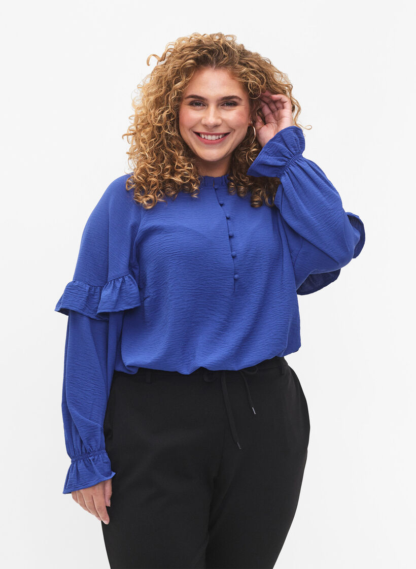Blouse avec volants et boutons, Deep Ultramarine, Model image number 0