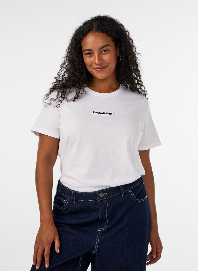 T-shirt en coton avec badge texte, Blanc, Model image number 0