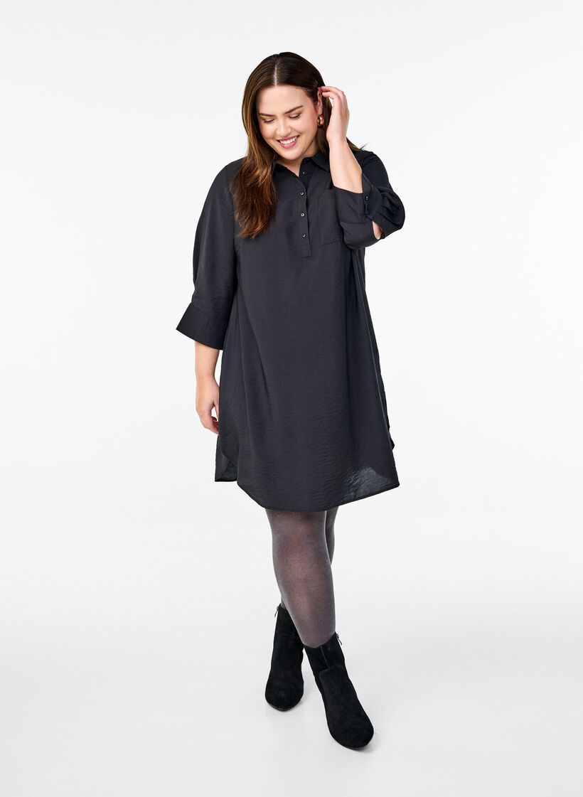 Robe courte avec col et poche poitrine, Noir, Model image number 1