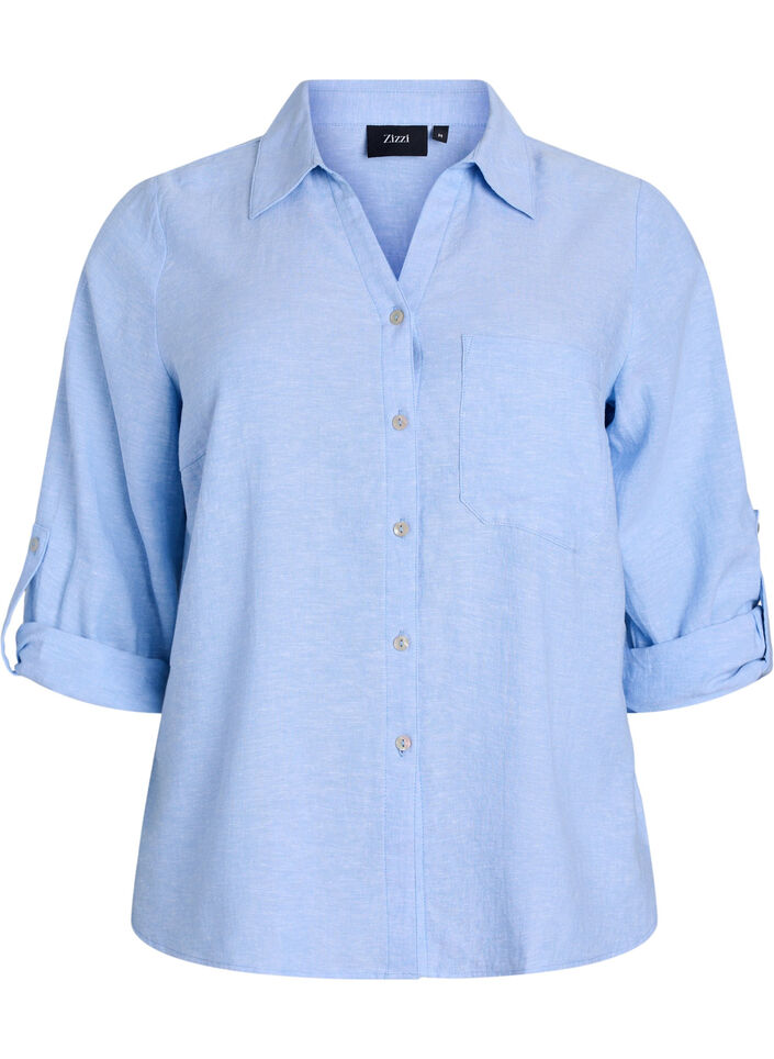 Chemise en lin et viscose avec manches 3/4, Bleu, Packshot image number 0
