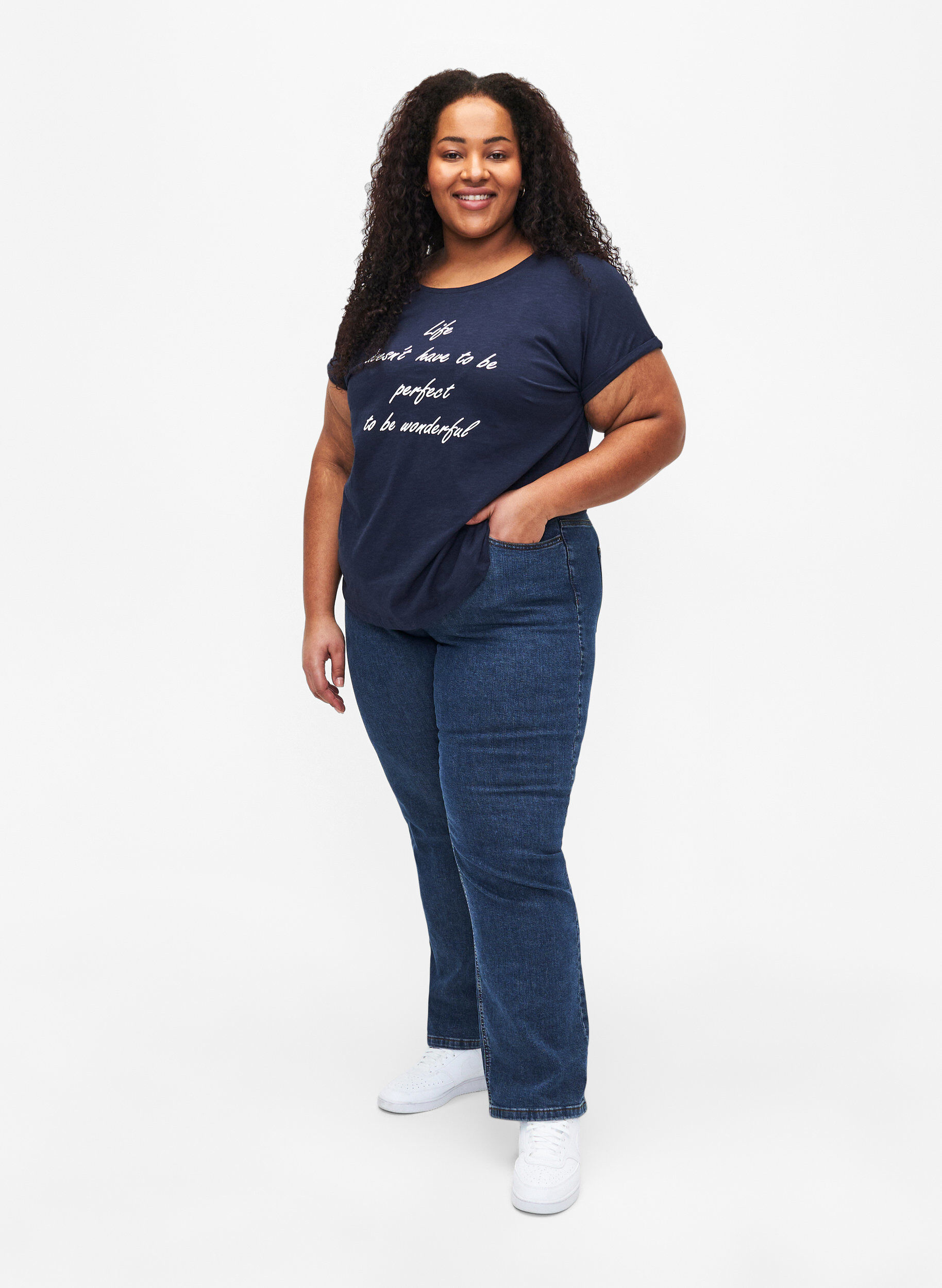 Zizzi T-shirt imprim&eacute; en coton biologique, N.Sky w. White Print, Model image number 2