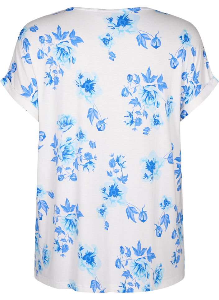 Chemisier floral à manches courtes en viscose, White Blue AOP, Packshot image number 1