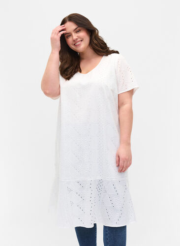 Robe en coton à manches courtes avec broderie anglaise, Bright White, Model image number 0