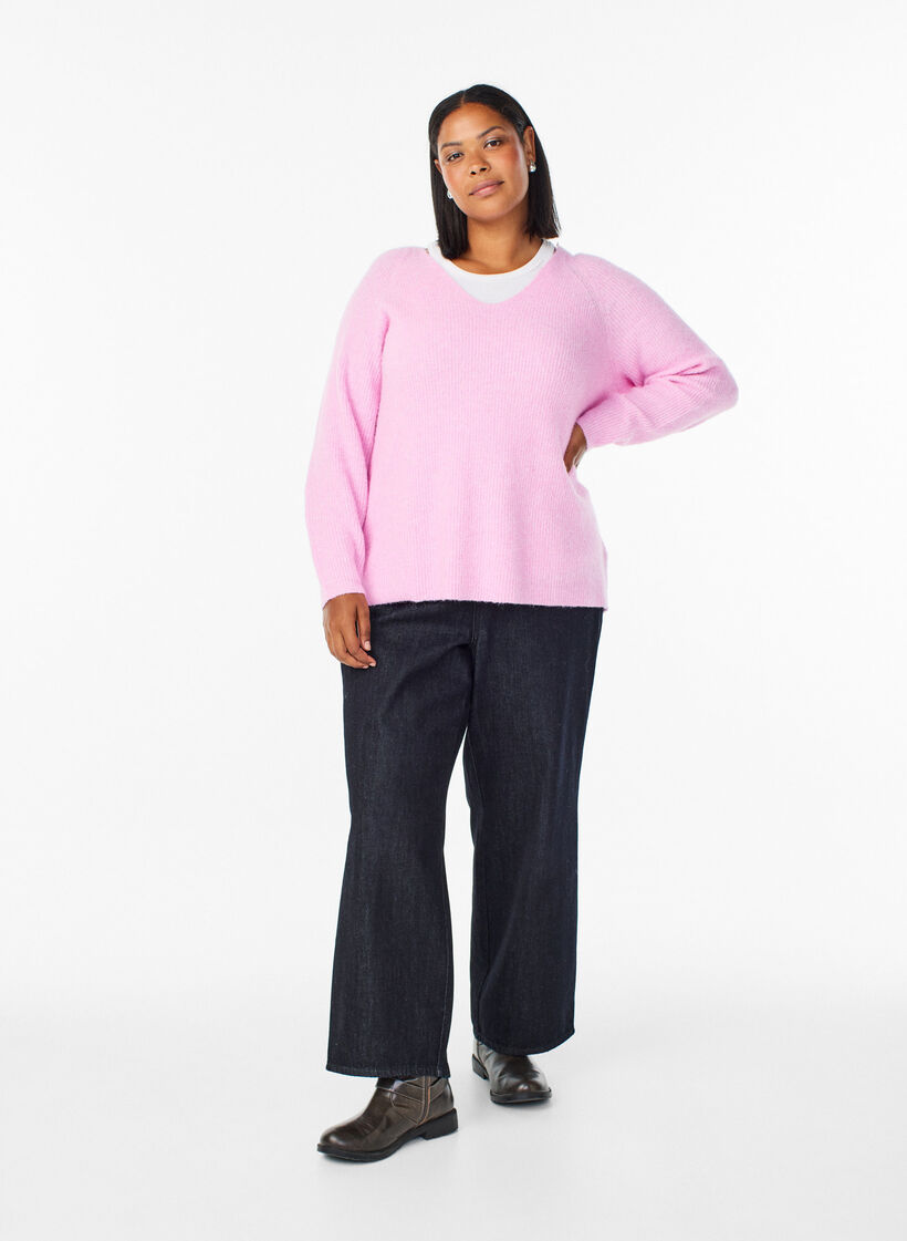 Blouse en maille &agrave; col V et manches raglan, Rose, Model image number 1
