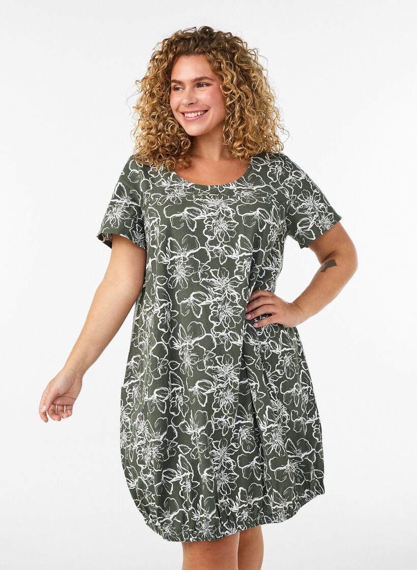Robe en coton &agrave; manches courtes avec imprim&eacute;, Vert, Model image number 0