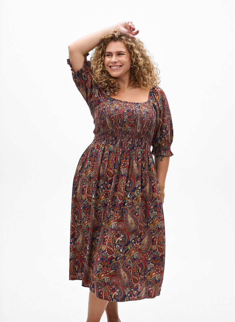 Robe d'&eacute;t&eacute; en viscose &agrave; imprim&eacute; paisley, Bleu, Model image number 0