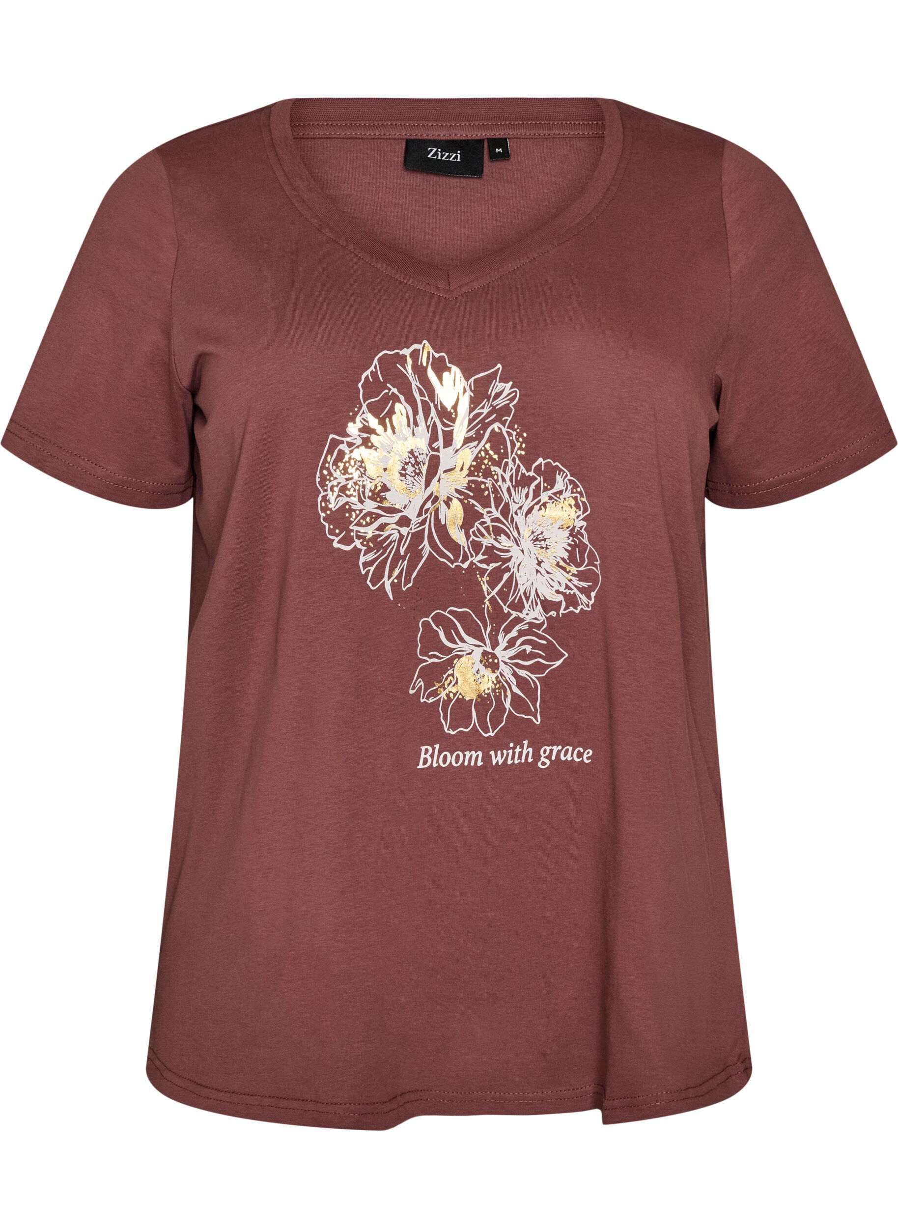 T-shirt en coton avec imprim&eacute; sur le devant et col en V
