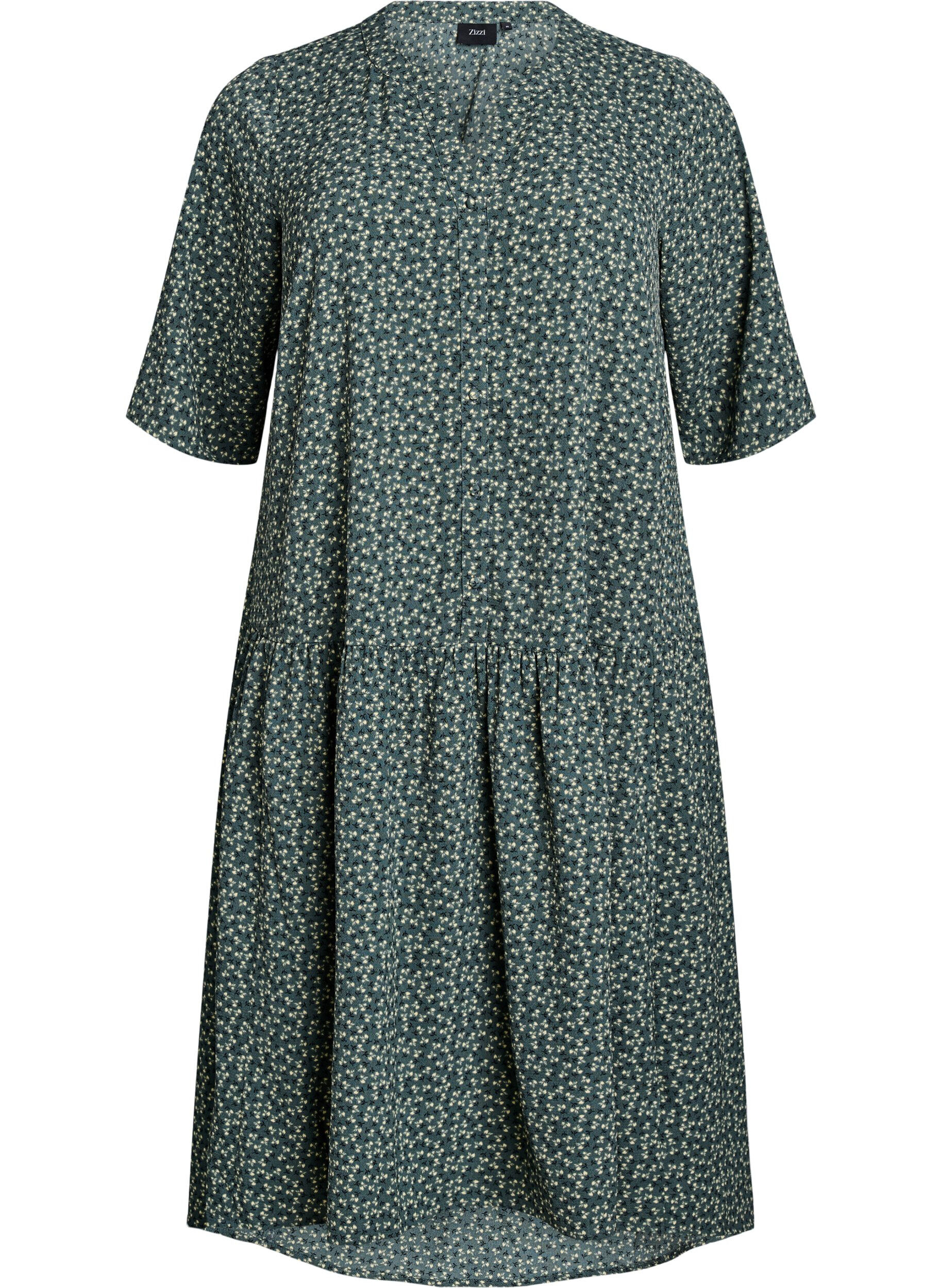 Zizzi Robe midi de forme A avec manches courtes, Vert fonc&eacute;, Packshot image number 0