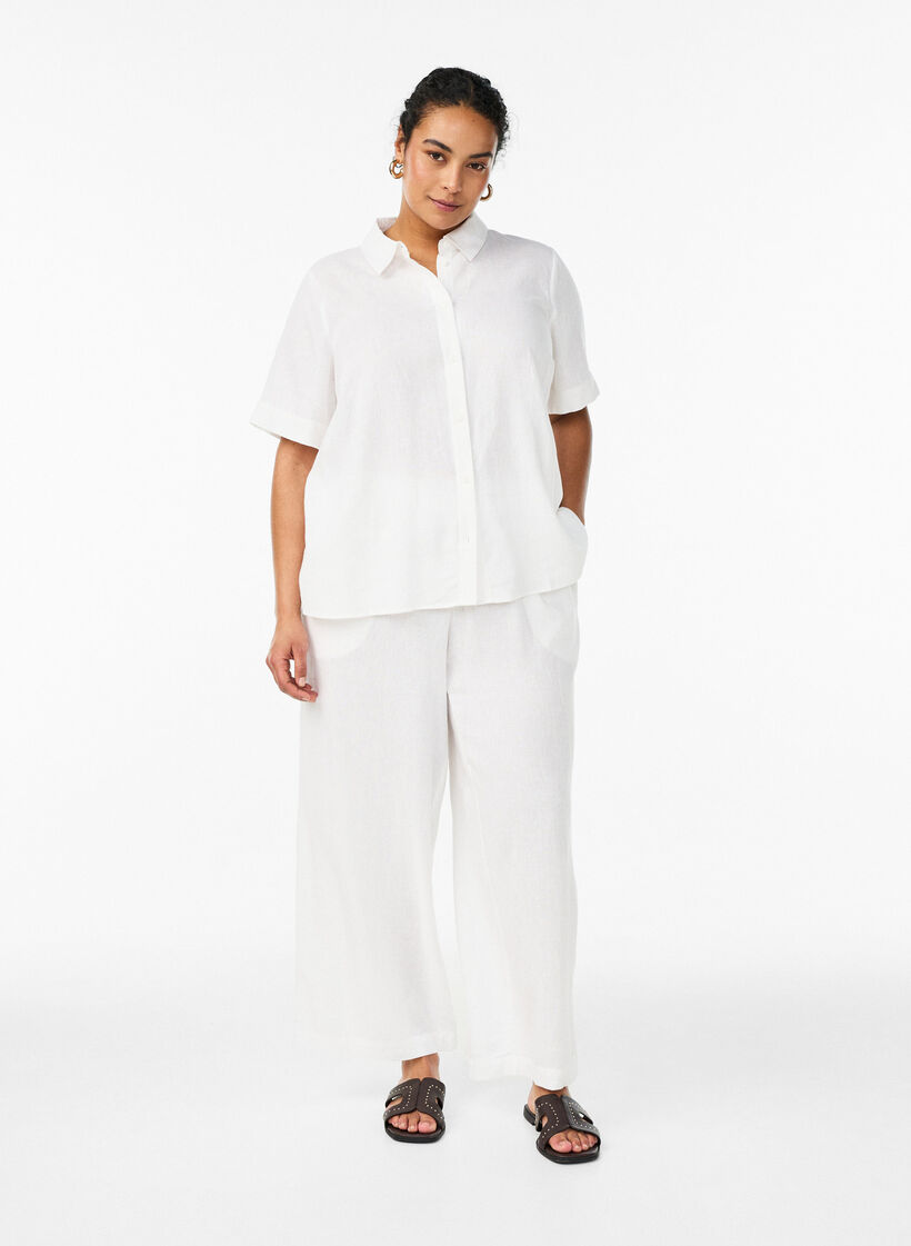 Pantalon large en lin et viscose, Blanc, Model image number 0