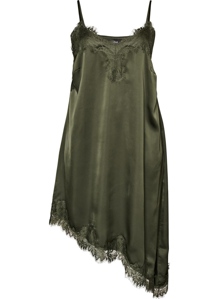 Robe en satin avec dentelle et ourlet asym&eacute;trique, Vert fonc&eacute;, Packshot image number 0