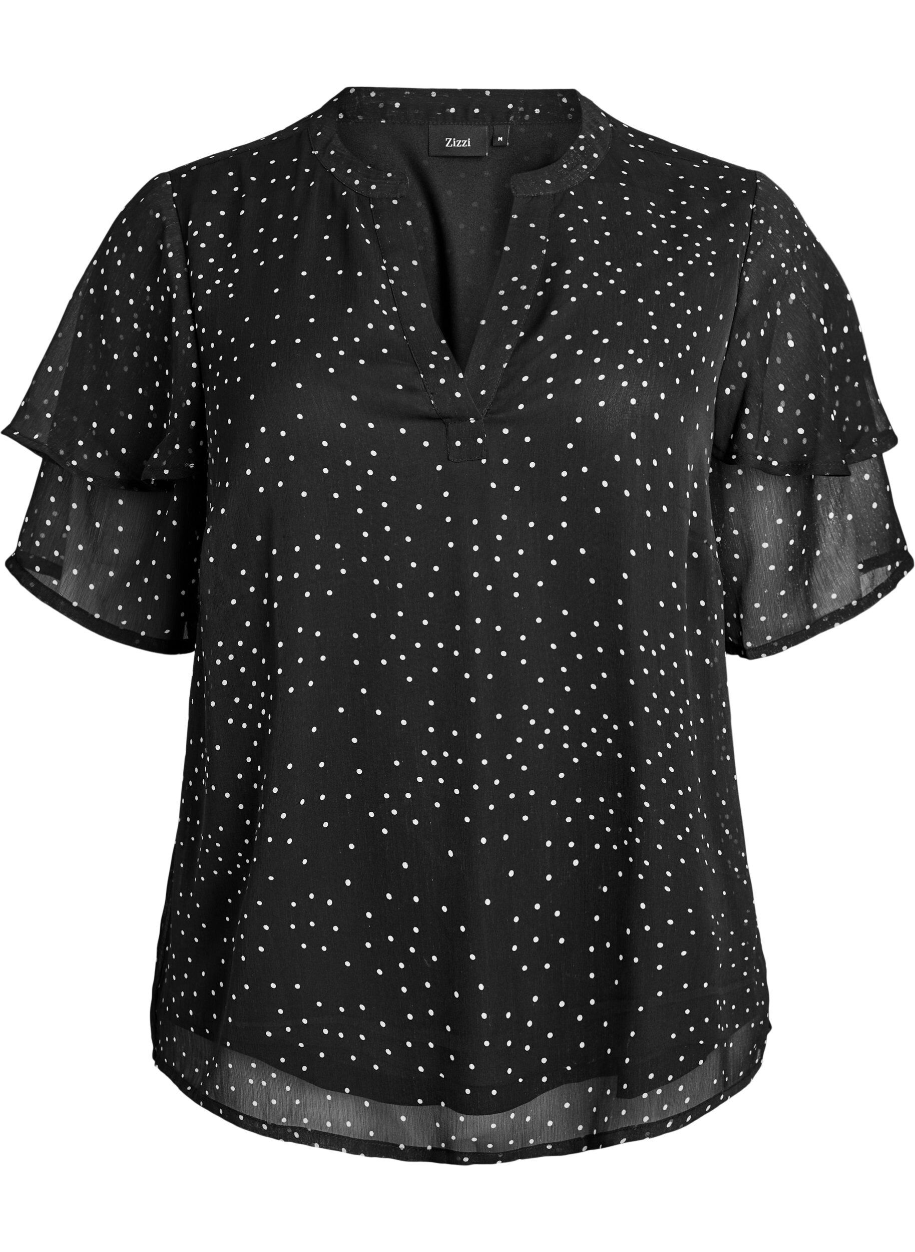 Zizzi Blouse en mousseline &agrave; pois avec manches &agrave; volants, Noir, Packshot image number 0