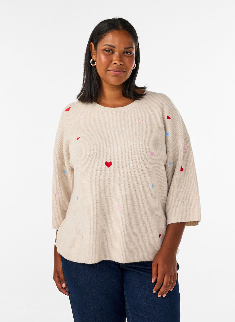 Chemisier en jersey avec des c&oelig;urs et manches 3/4, Beige, Model image number 0